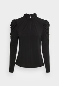 Maglietta nera a maniche lunghe con colletto alto arricciato e maniche a palloncino raccolte, realizzata in morbido tessuto elasticizzato.