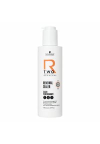 Weiße zylindrische Flasche mit einem Pumpendespenser; mit orangefarbener und schwarzer Schrift. Das Etikett lautet "R TWO Bonacure Renewal Sealer, 145 ml."