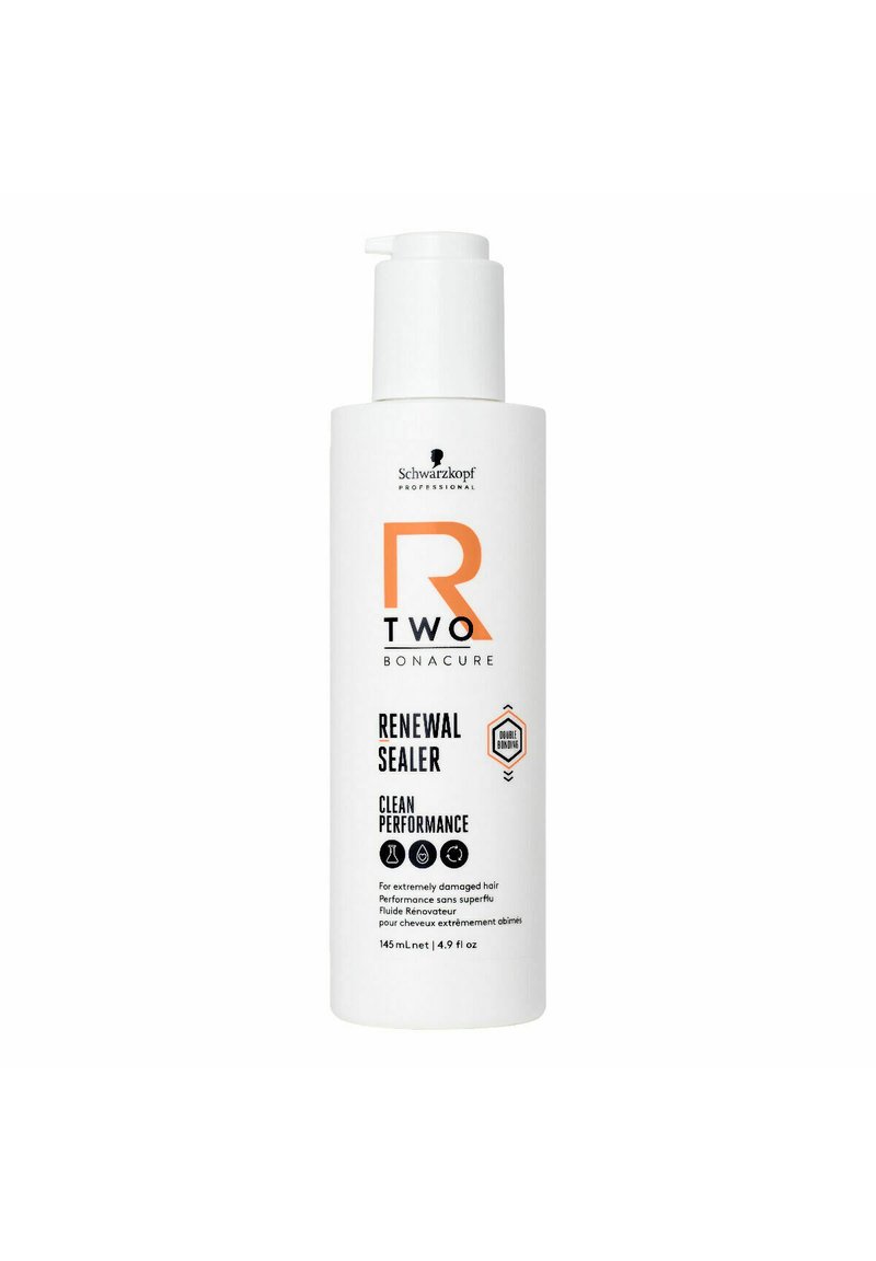 Weiße zylindrische Flasche mit einem Pumpendespenser; mit orangefarbener und schwarzer Schrift. Das Etikett lautet "R TWO Bonacure Renewal Sealer, 145 ml."