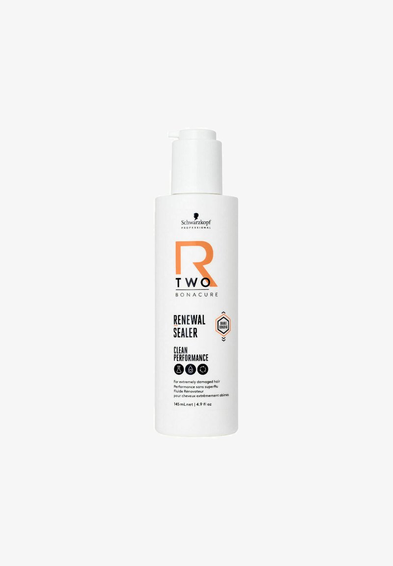 Weiße zylindrische Flasche mit einem Pumpendespenser; mit orangefarbener und schwarzer Schrift. Das Etikett lautet "R TWO Bonacure Renewal Sealer, 145 ml."