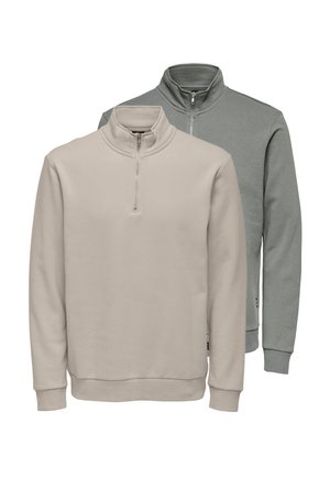 To langærmede kvart-lynlås sweatshirts med ståkraver, én beige foran og én grå bagved, vist på almindelig hvid baggrund.