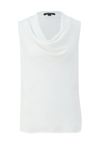 Top sin mangas blanco con un escote drapeado, hecho de una tela suave. Presenta una etiqueta con la palabra "comma" dentro del cuello.