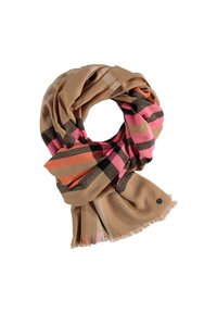 Écharpe beige et rose à motifs avec de larges rayures, tissu doux, bordures à franges et détail d'accroche en métal foncé. Forme arrondie lorsqu'elle est enroulée.