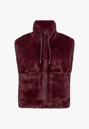 Bordeaux nepbont vest met hoge kraag, ritsluiting en twee voorzakken; zachte textuur met een gladde afwerking.