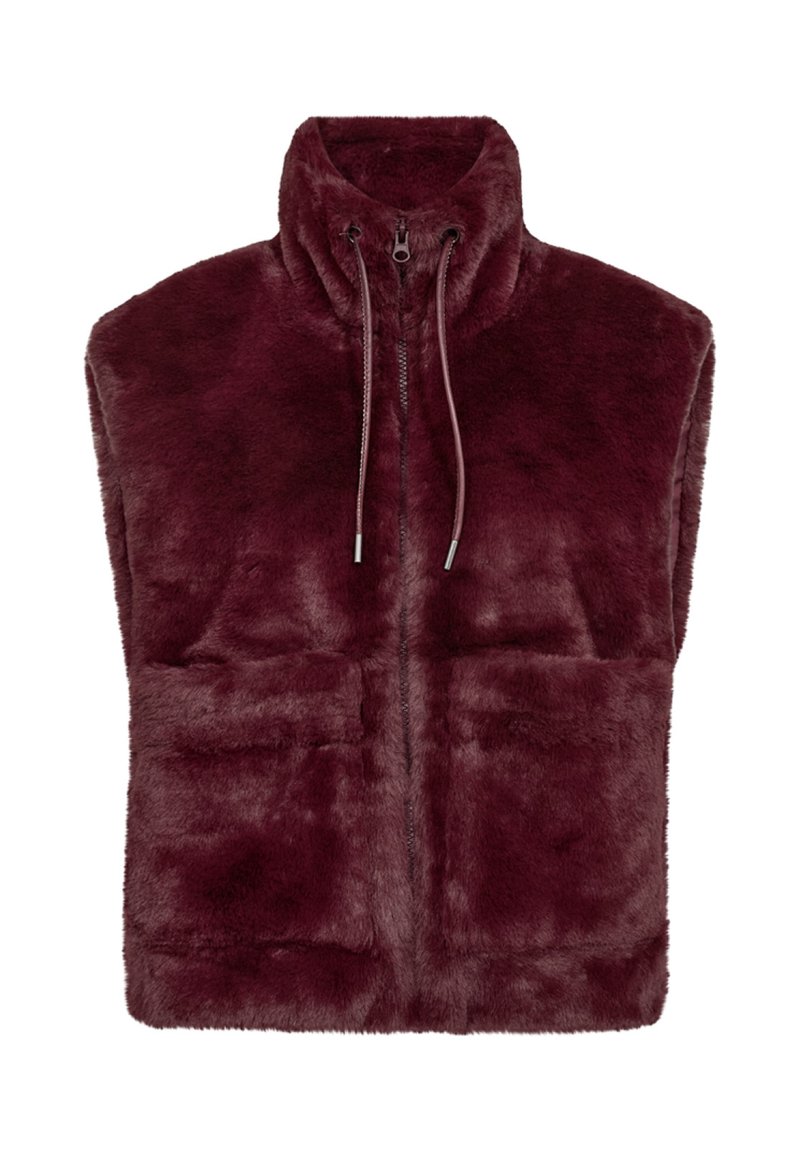 Bordeaux nepbont vest met hoge kraag, ritsluiting en twee voorzakken; zachte textuur met een gladde afwerking.