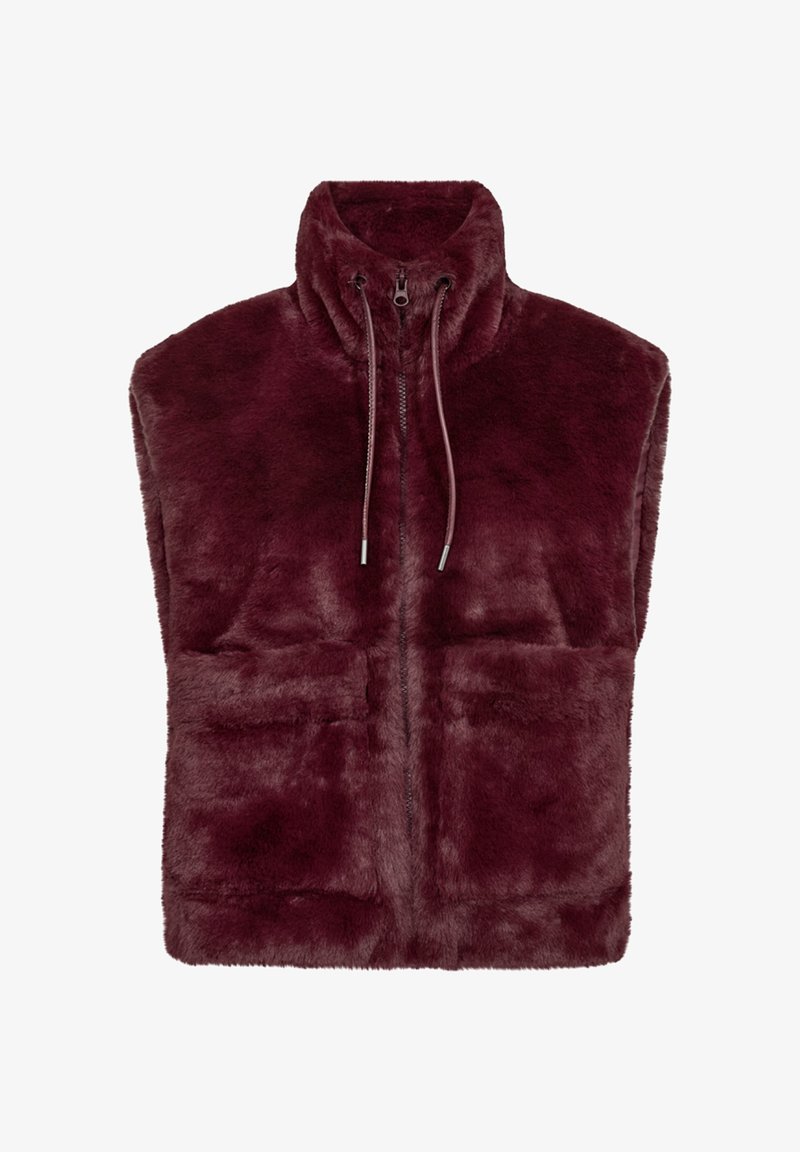 Burgunderfarbener Faux-Fur-Westen mit hohem Kragen, Reißverschluss und zwei vorderen Taschen; weiche Textur mit glatter Oberfläche.