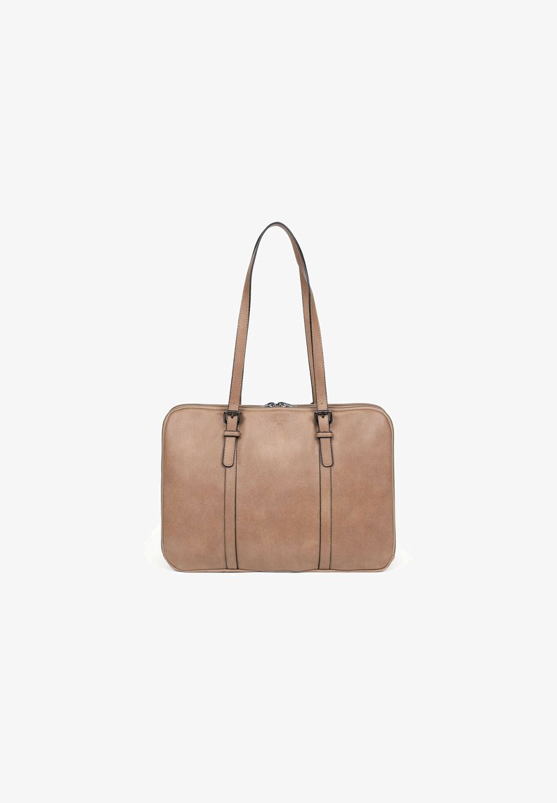 Bruine leren totebag met twee lange hengsels, met een rechthoekige vorm, gladde textuur en contrasterende zwarte stikdetails.