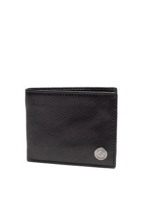 Portefeuille en cuir noir avec une texture lisse, design bifold, couture visible et un accent logo en métal circulaire à l'avant.
