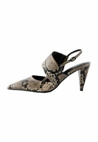 Chaussure à talon haut à bout pointu avec une bride arrière, arborant un motif imprimé serpent noir et beige, fabriquée en matériau synthétique.