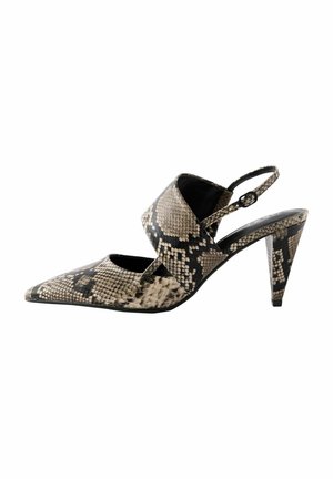 Pointed-toe high-heeled shoe with a slingback strap, featuring a black and beige snake print pattern, crafted from synthetic material.