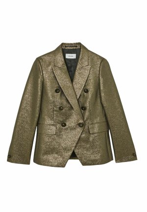 Dwurzędowa marynarka w metaliczno-oliwkowym materiale o teksturowanym wykończeniu. Posiada dwie przednie kieszenie oraz czarne guziki do zapięcia.