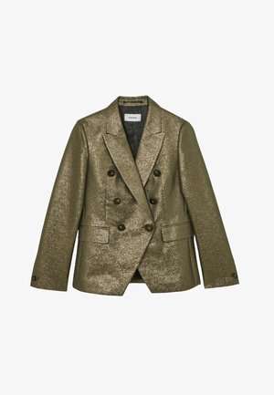 Dobbeltradet blazer i metallic olivengrønt stof med en tekstureret finish. Har to forlommer og sorte knapper til lukning.