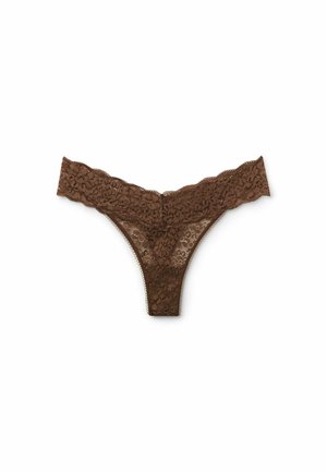 String en dentelle marron avec motif floral, bords festonnés et une texture douce et transparente. Léger et conçu pour un ajustement minimal.