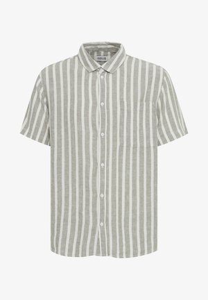 Lühikeste varrukatega nööpidega särk helesinistest ja valgetest triipudest, millel on kaelus ja rinnatasku, valmistatud pehmest, tekstuuritud kangast.