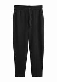 Black tapered sweatpants with elastic waistband, adjustable drawstring, side pockets, and visible seam detailing on front legs.