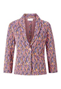 Blazer met een levendig diagonaal patroon in paars, roze, oranje en blauw. Het heeft een enkele knoopsluiting en een klassiek reversontwerp.