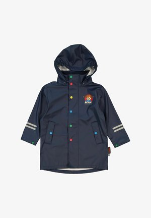Imperméable bleu marine avec capuche, boutons-pression colorés, deux poches avant et rayures grises sur les manches. Présente un logo de dessin animé.