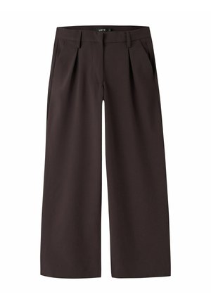 Dark brown wide-leg trousers with belt loops, front pleats, and side pockets, designed for a relaxed fit.