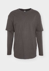 Dark gray long-sleeve T-shirt with a layered design, featuring a round neckline and soft texture, suitable for casual wear.