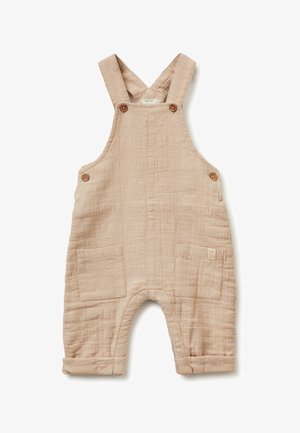 Béžové texturované bavlněné dětské kalhoty na kšandy s nastavitelnými popruhy, dřevěnými knoflíky, dvěma předními náprsními kapsami a ohrnutými nohavicemi.