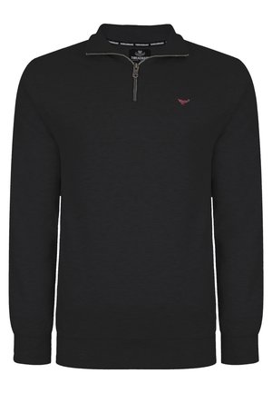 Schwarzer Pullover mit Stehkragen und halbem Reißverschluss, aus weichem Material gefertigt. Mit kleinem rotem Logo auf der linken Brust und gerippten Bündchen.