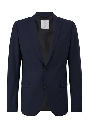 Marineblauer Blazer in einem strukturierten Design mit einknopf, Reverskragen, zwei Fronttaschen und glatter Innenauskleidung.