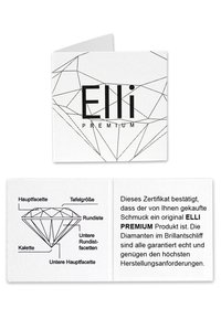 Et foldet hvidt certifikat med en sort diamantgrafik og teksten "ELLI PREMIUM", der beskriver ægthed og egenskaber ved diamantklippet.