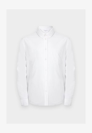 Valge pika varrukaga nööpidega särk, millel on terav krae ja rinnatasku, esitletud lihtsal helehallil taustal.