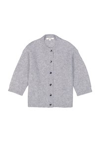 Cardigan gris en tricot avec un col rond, texture côtelée et six grands boutons sur le devant. Manches trois-quarts.