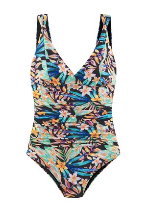 One-piece swimsuit with multicolored tropical floral pattern on a black background and wide shoulder straps.