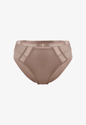 Beżowa damska bielizna w stylu bikini z prześwitującymi panelami bocznymi, satynowym paskiem w talii i małym okrągłym dekoracyjnym guzikiem na środku z przodu.