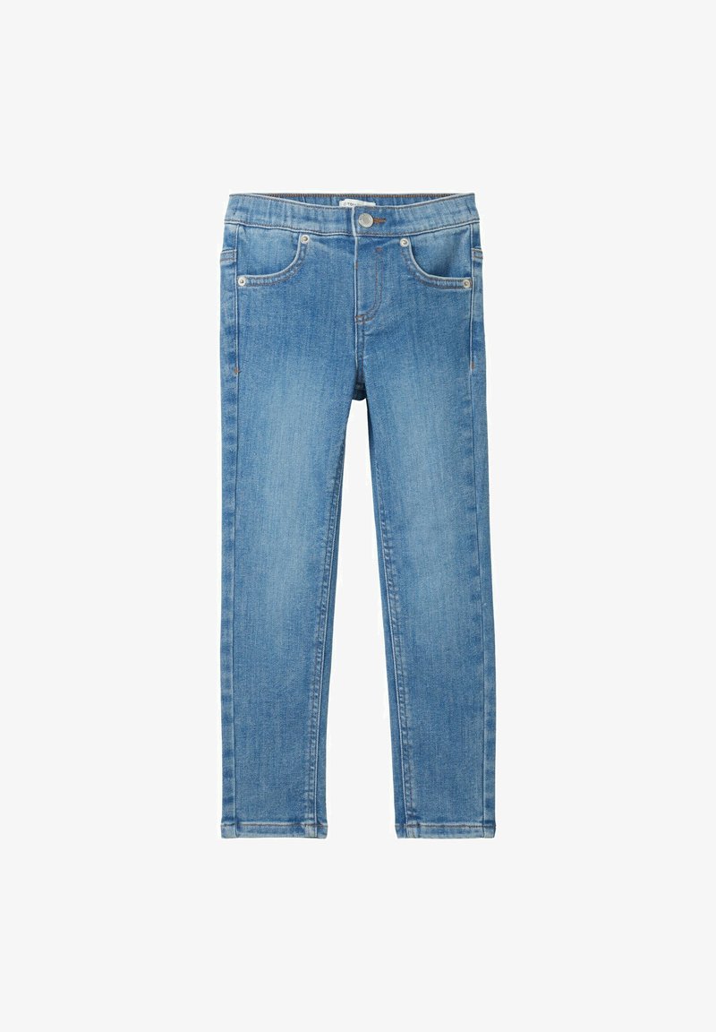 Kék farmernadrág, slim fit szabással, öt zsebes dizájnnal és látható varrással. Felszereltsége gombos záródás és sima textúra.