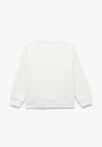 Hvid sweatshirt med lange ærmer, rund halsudskæring og ribbede mansjetter. Glat tekstur, ingen synlige mønstre eller accenter. Klassisk casual design.
