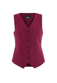 Burgundský bezrukávový vest s výstřihem do V, vybavený šesti dekorativními knoflíky a dvěma předními kapsami, vyrobený z hladkého materiálu.