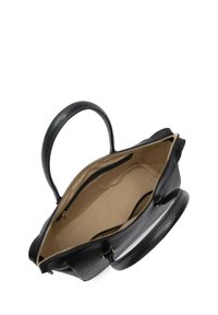 Zwarte leren handtas met dubbele handvatten, een gouden ritssluiting en een beige stoffen binnenkant met opbergvakken.