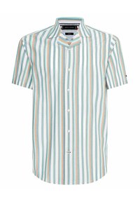 Koszula na guziki z krótkim rękawem, z pionowymi paskami w kolorach morskim, białym i brzoskwiniowym. Wykonana z lekkiego materiału, z klasycznym kołnierzykiem i subtelnym detalem z logo.