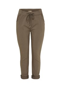 Khaki joggerbukser lavet af blødt stof, med elastisk talje med snøre, to sidelommer, omærede manchetter og glat tekstur.