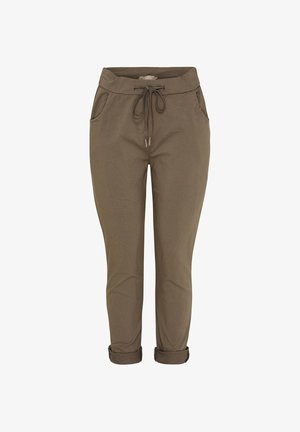 Khaki joggerbukser lavet af blødt stof, med elastisk talje med snøre, to sidelommer, omærede manchetter og glat tekstur.