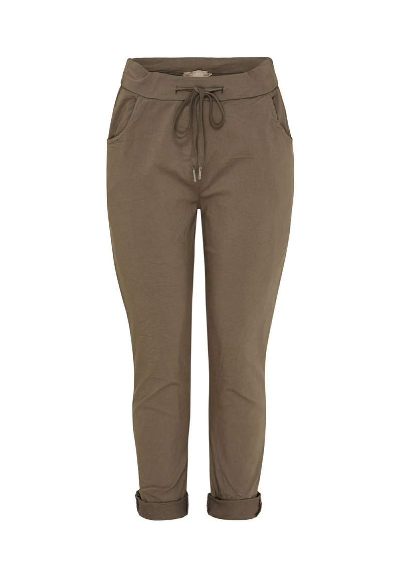 Khaki joggerbukser lavet af blødt stof, med elastisk talje med snøre, to sidelommer, omærede manchetter og glat tekstur.