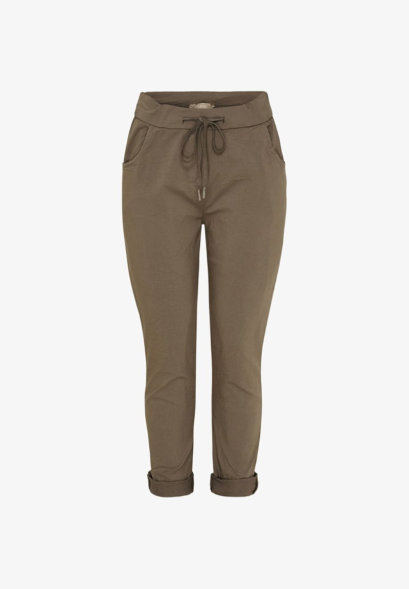 Khaki joggerbukser lavet af blødt stof, med elastisk talje med snøre, to sidelommer, omærede manchetter og glat tekstur.