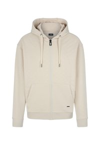 Felpa con zip di colore beige chiaro realizzata in tessuto testurizzato. Dotata di cappuccio, tasche anteriori e zip in metallo. Design semplice senza motivi visibili.