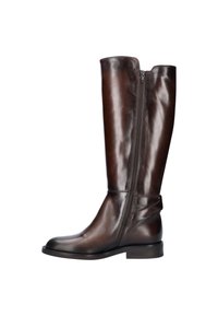 Brown leather knee-high boot with a side zipper, rounded toe, and a horizontal strap accent. Smooth texture and sleek design.