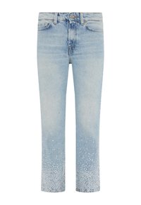 Jeans in denim blu chiaro con taglio cropped, caratterizzati da un effetto ombre graduale e da un motivo decorativo di paillettes argento sul fondo.