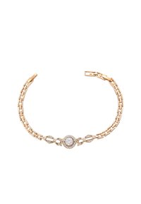 Kuldtooneline käevõru, millel on ühendatud ahelakujundus ja keskne ümmargune vääriskivi, mille ümber on väiksemad teemandid, ning millel on klambrikinnitus.