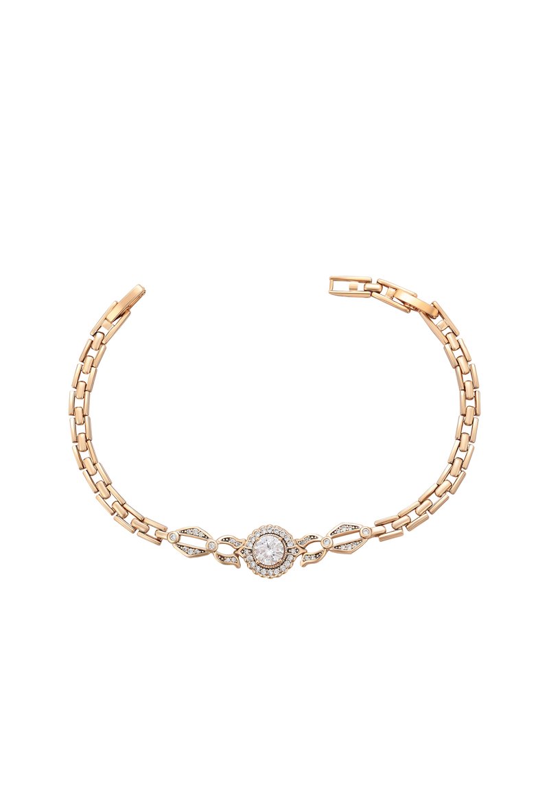 Kuldtooneline käevõru, millel on ühendatud ahelakujundus ja keskne ümmargune vääriskivi, mille ümber on väiksemad teemandid, ning millel on klambrikinnitus.