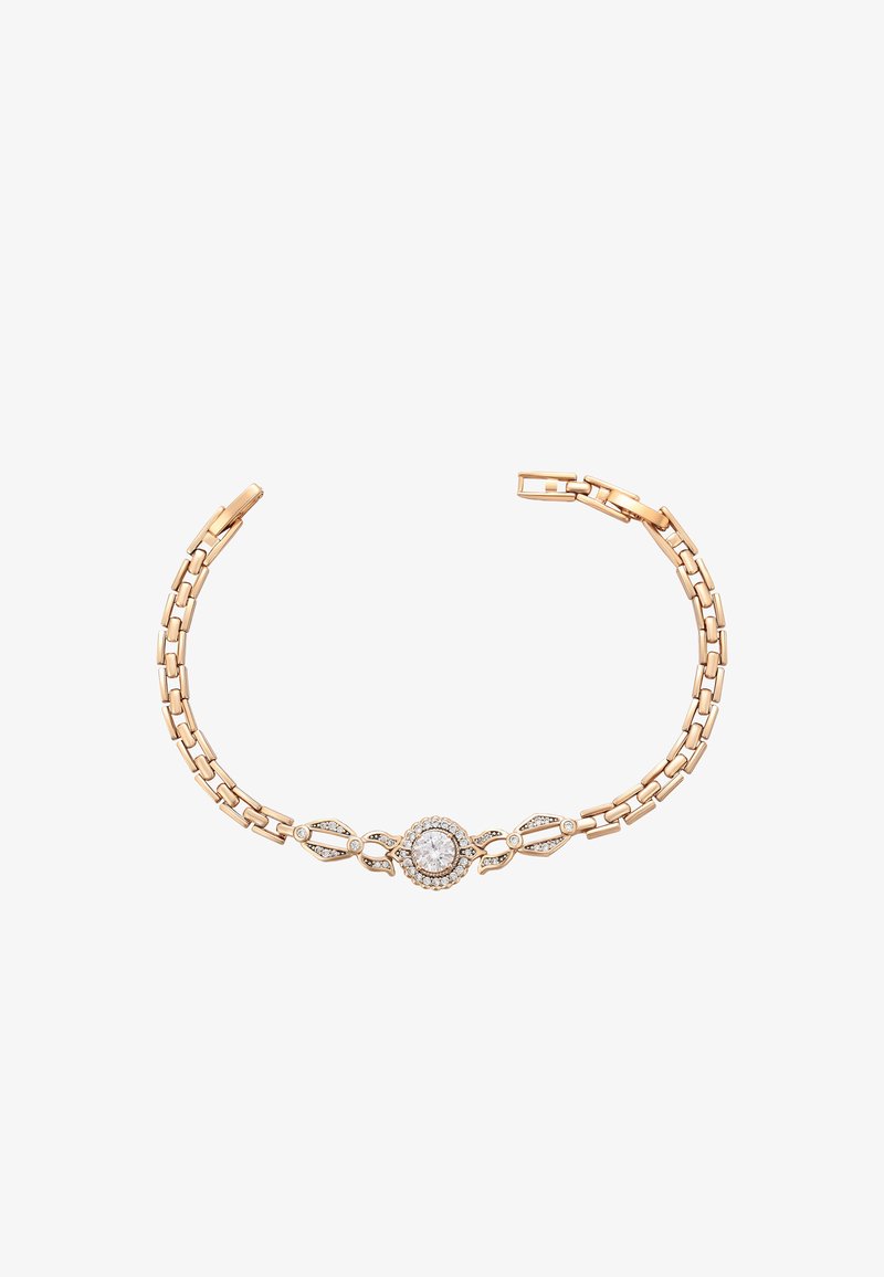 Kuldtooneline käevõru, millel on ühendatud ahelakujundus ja keskne ümmargune vääriskivi, mille ümber on väiksemad teemandid, ning millel on klambrikinnitus.