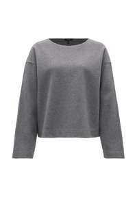 Grauer Fleece-Pullover mit Rundhalsausschnitt, überschnittenen Schultern und langen Ärmeln. Glatte Textur, verkürzter Schnitt und minimalistischem Stil.