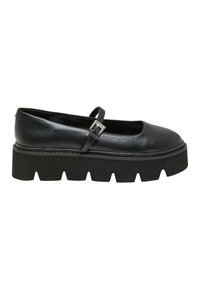 Zapato Mary Jane de cuero negro con punta redonda, correa ajustable con hebilla y suela de plataforma negra gruesa con bordes aserrados.