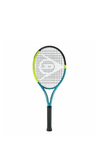 Tennisk racket met een blauw en zwart frame, limoen groene accenten, een gestructureerde zwarte grip en een gemusterd snaarnet.