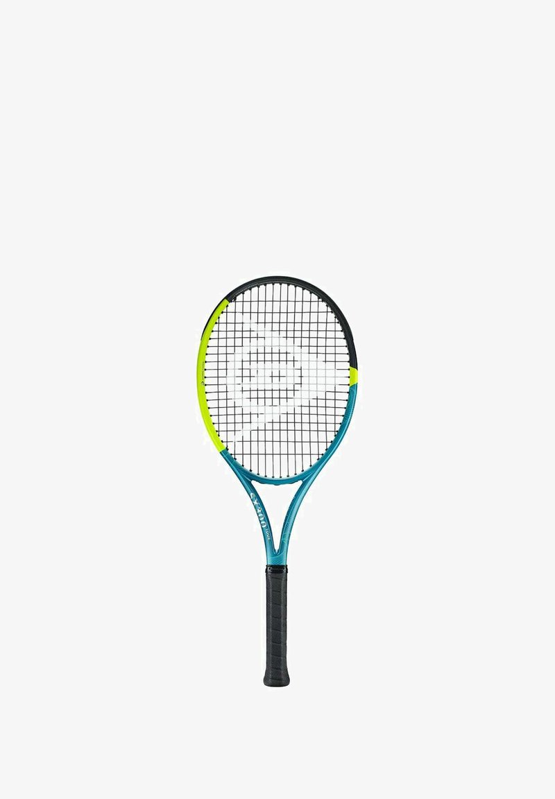 Tennisk racket met een blauw en zwart frame, limoen groene accenten, een gestructureerde zwarte grip en een gemusterd snaarnet.